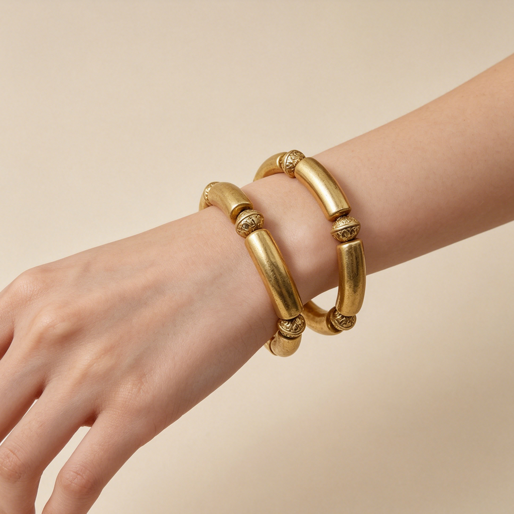 Pulseras de Metal Plateado/Dorado con Detalles Grabados, Juego de 2 Piezas para Revendedores|JI JOYA