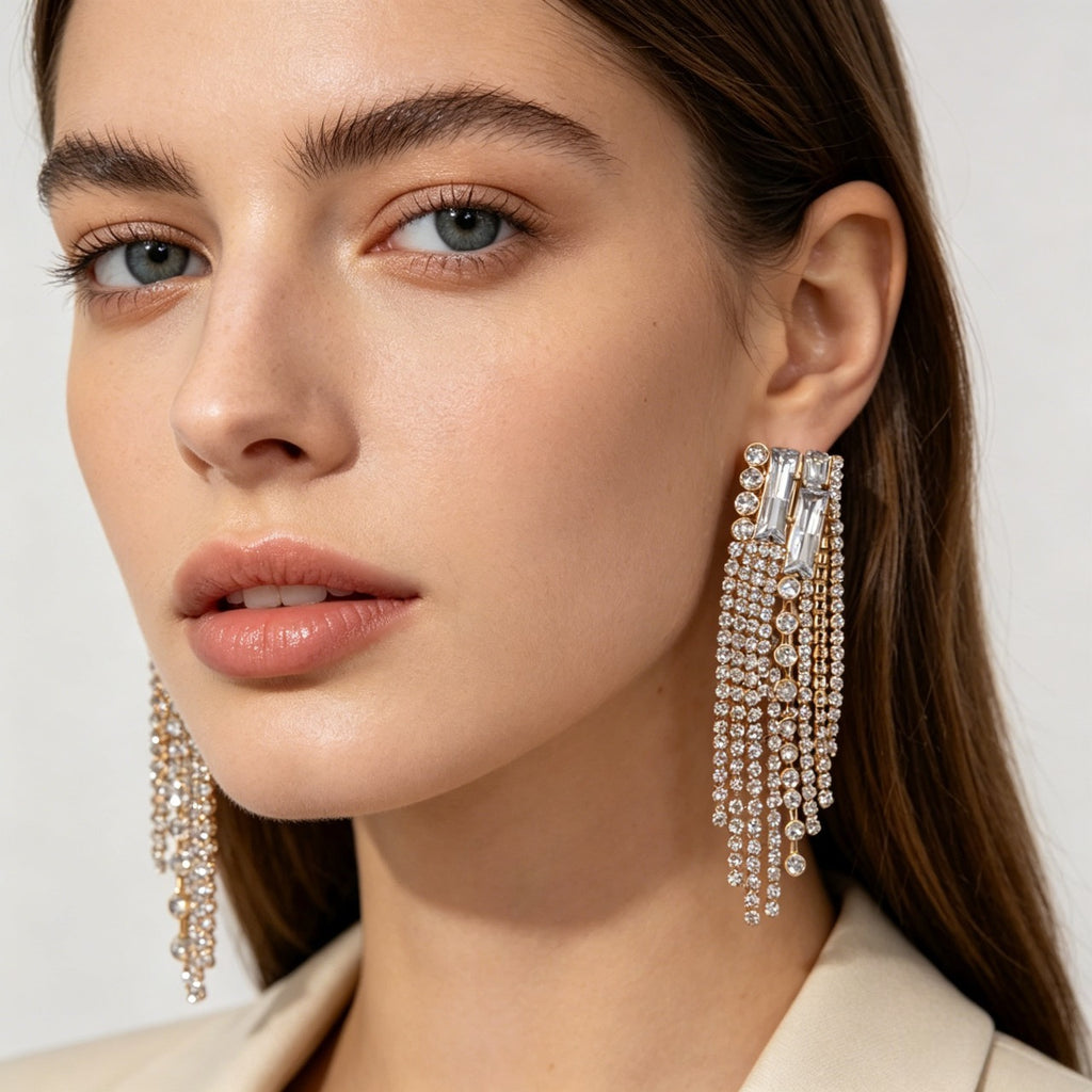 Pendientes de Borla con Cristales de Circón - S925, Oro Laminado, Joyería de Moda al Por Mayor|JI JOYA