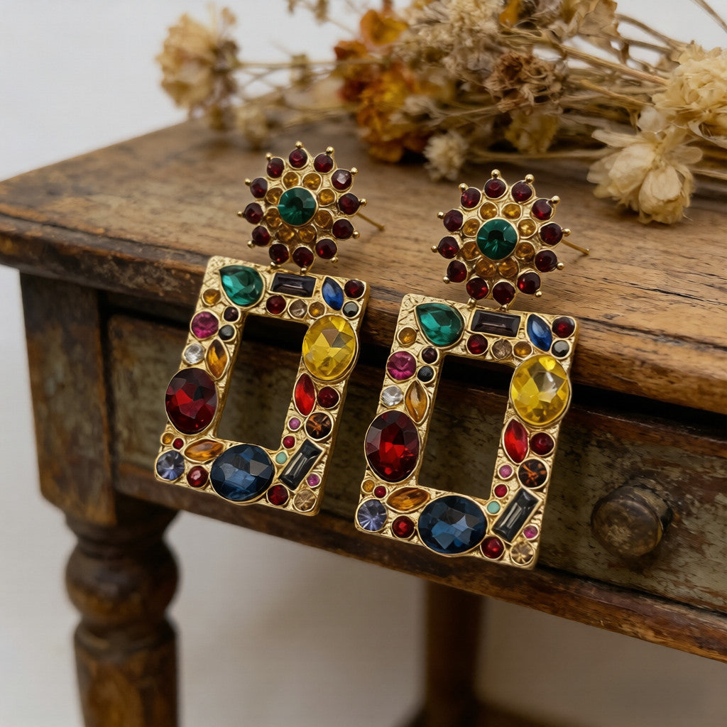 Pendientes llamativos de gemas coloridas de gran tamaño: pendientes colgantes cuadrados vintage chapados en oro para fiestas y noches.