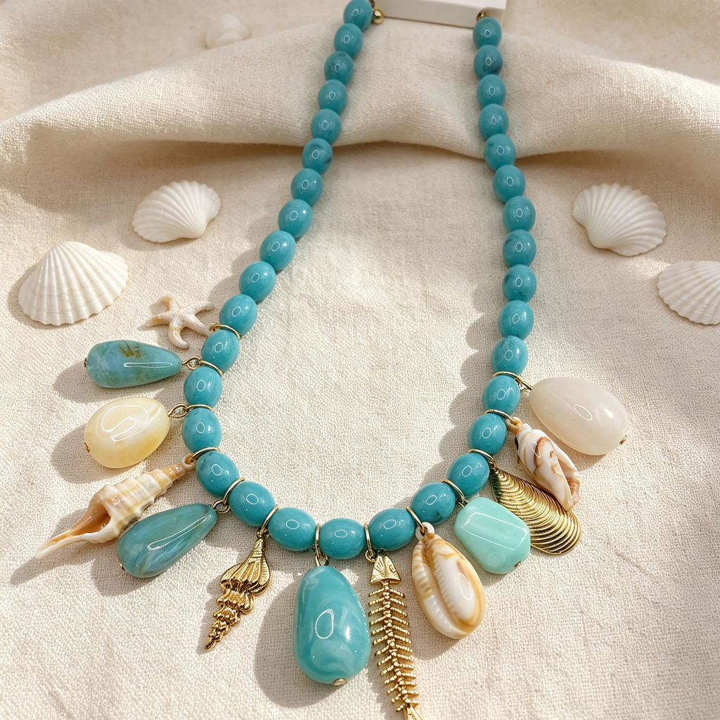 Collar de cuentas turquesas con conchas y colgantes marinos, collar bohemio playero al por mayor|JI JOYA