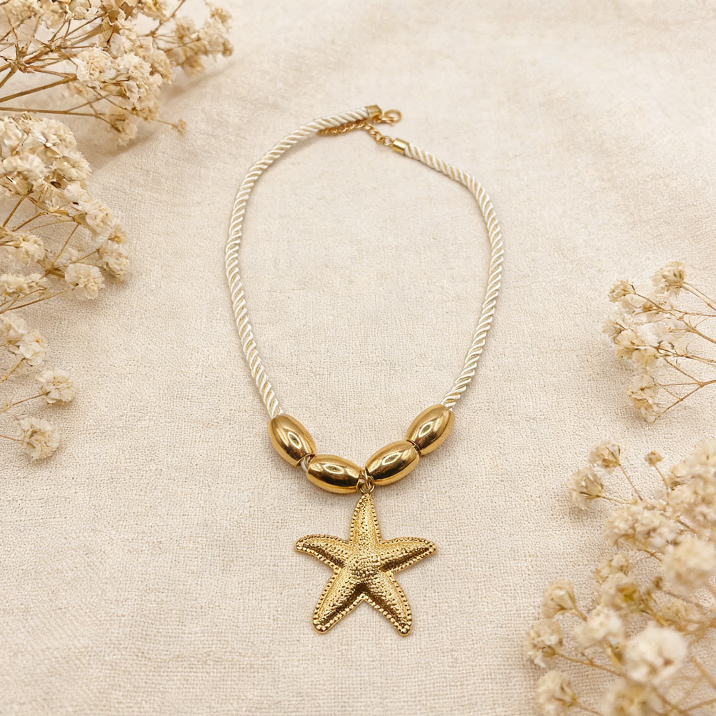 Collar de Estrella de Mar de Inspiración Costera | Diseño Elegante en Oro y Cuerda Blanca