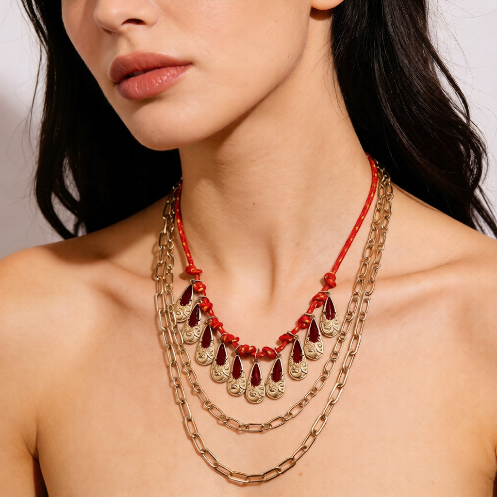 Collar de Declaración con Dijes de Piedra Roja/verde y Capas de Cadena Dorada | Boho Chic