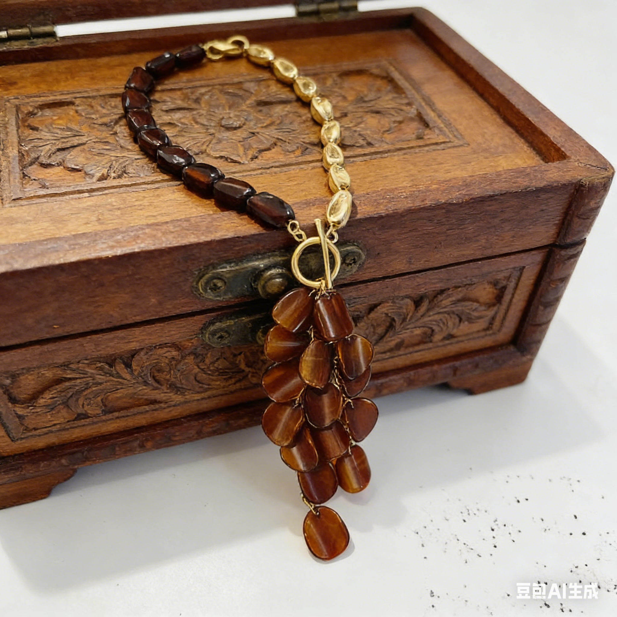 Collar asimétrico vintage de color marrón ámbar, un diseño sutilmente lujoso y nicho con una cadena en forma de Y, un sofisticado accesorio de noche.