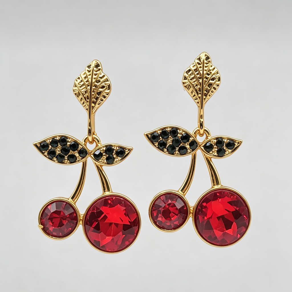 JI JOYA VENTA AL POR MAYOR|Pendientes Colgantes de Cerezo con Piedras Brillantes, Diseño de Fruta, Joyería Mayorista en Oro Rosa/Rojo para Mujer