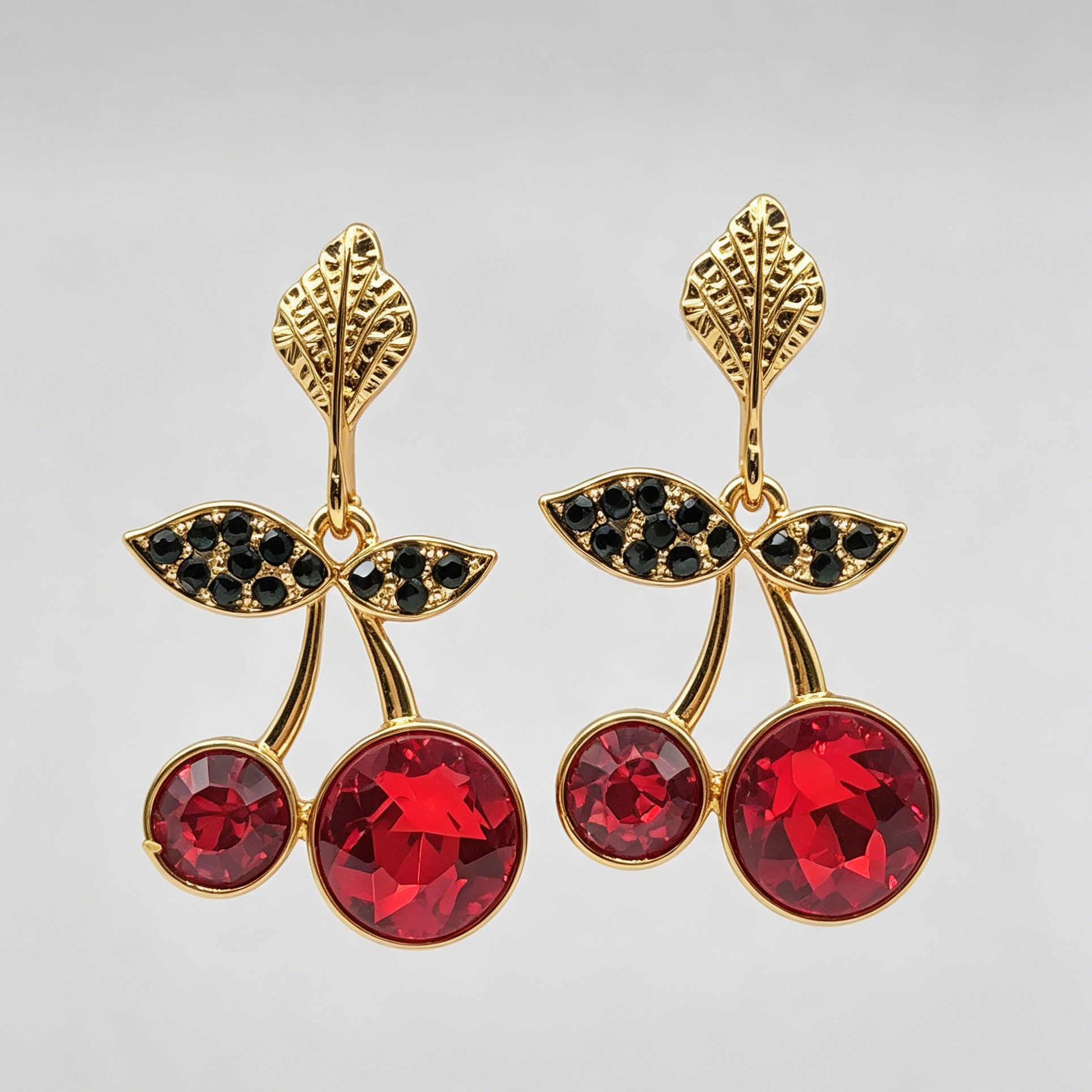JI JOYA VENTA AL POR MAYOR|Pendientes Colgantes de Cerezo con Piedras Brillantes, Diseño de Fruta, Joyería Mayorista en Oro Rosa/Rojo para Mujer