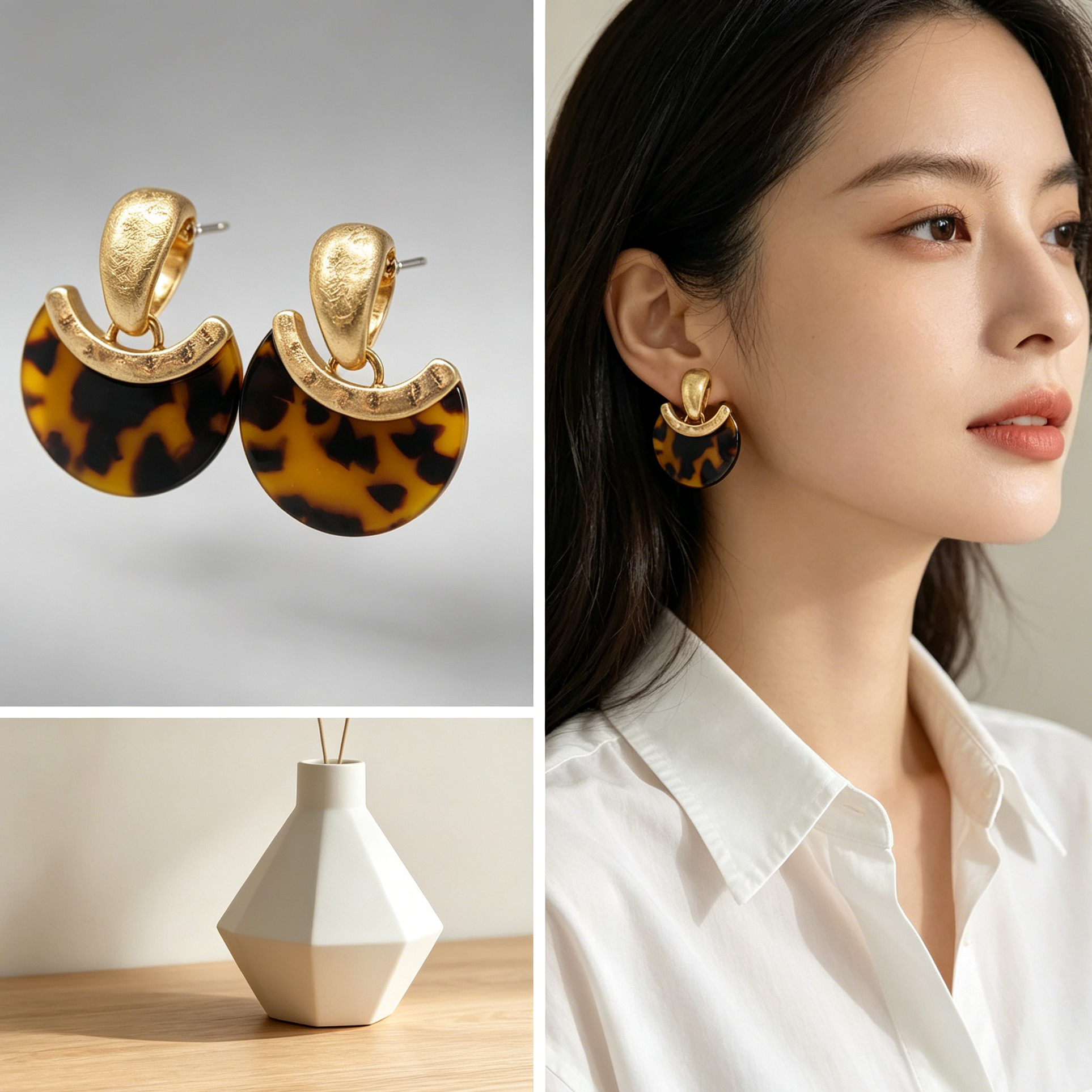 Pendientes Luna Estampado Tortuga Metal Dorado, Pendientes al por Mayor Agencia Moda, Post S925|JI JOYA
