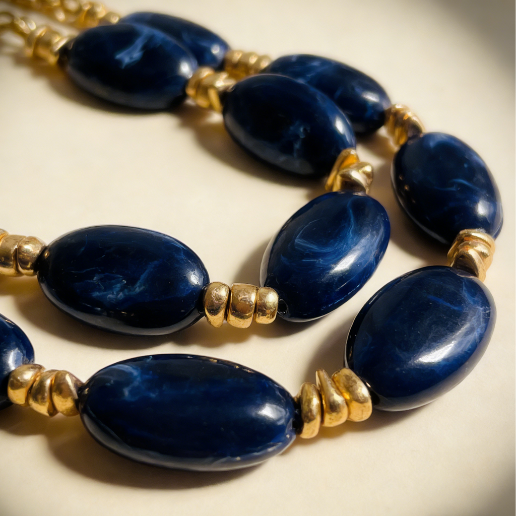 Collar de resina jaspeada azul|marrón ámbar medianoche de doble capa | Joyería llamativa de oro macizo
