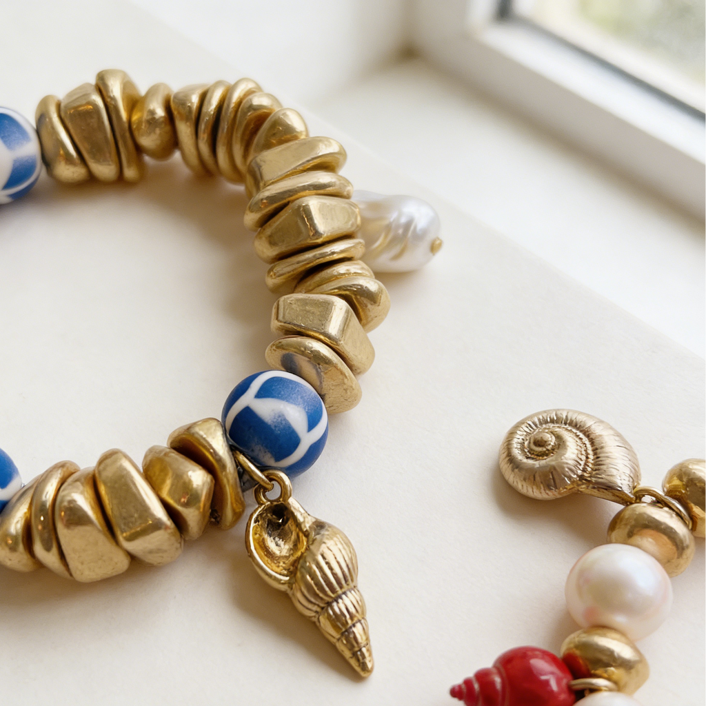 Pulseras de Concha Doradas Juego 2 Unidades, Brazalete de Cuentas Marinas Verano Mayorista Joyería Moda Mujer|JI JOYA