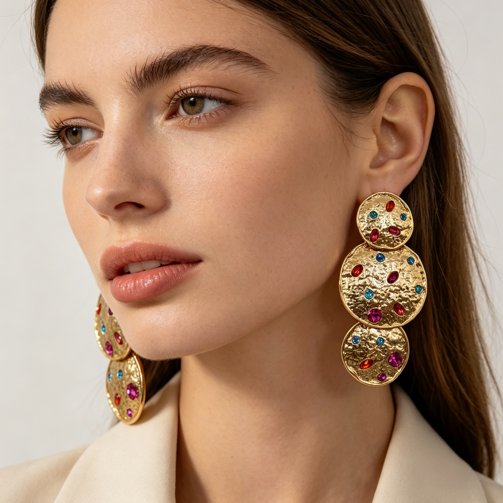 Pendientes Colgantes de 3 Discos con Cristales Multicolores, Diseño Martillado - Oro y Plata|JI JOYA
