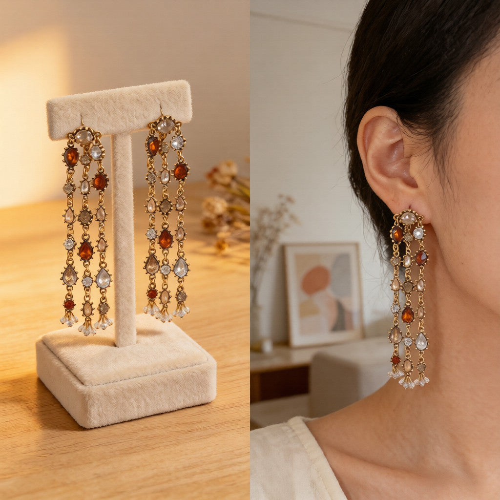 Conjunto de collar y pendientes vintage con piedras preciosas bohemias | Joyas doradas para eventos nocturnos