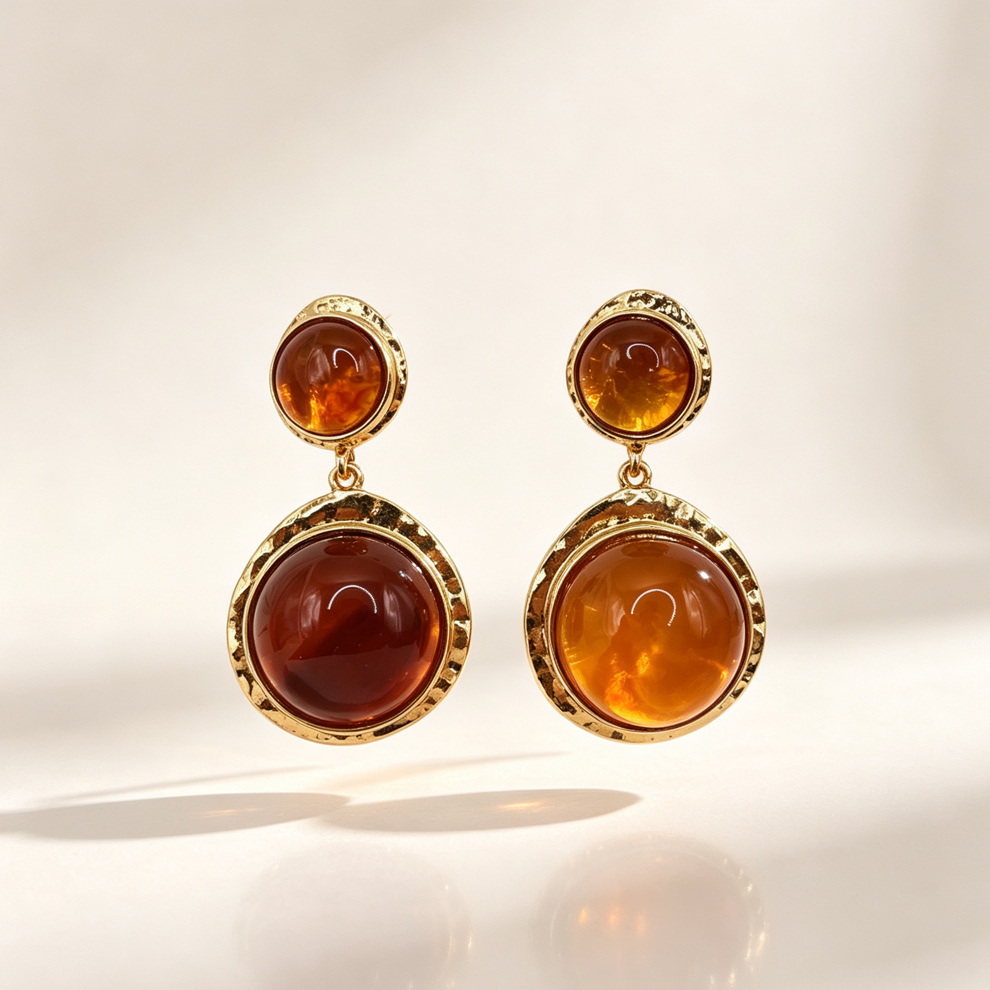 Pendientes colgantes de doble piedra redonda, metal dorado martillado, accesorios de joyería mayorista|JI JOYA