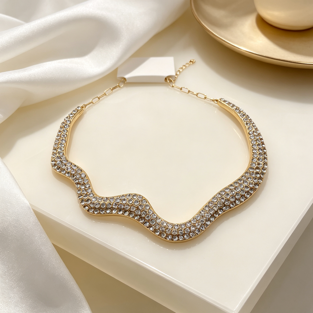Collar Choker Ondulado con Cristales, Diseño Elegante, Disponible en Plata y Oro, Mayorista de Bisutería|JI JOYA