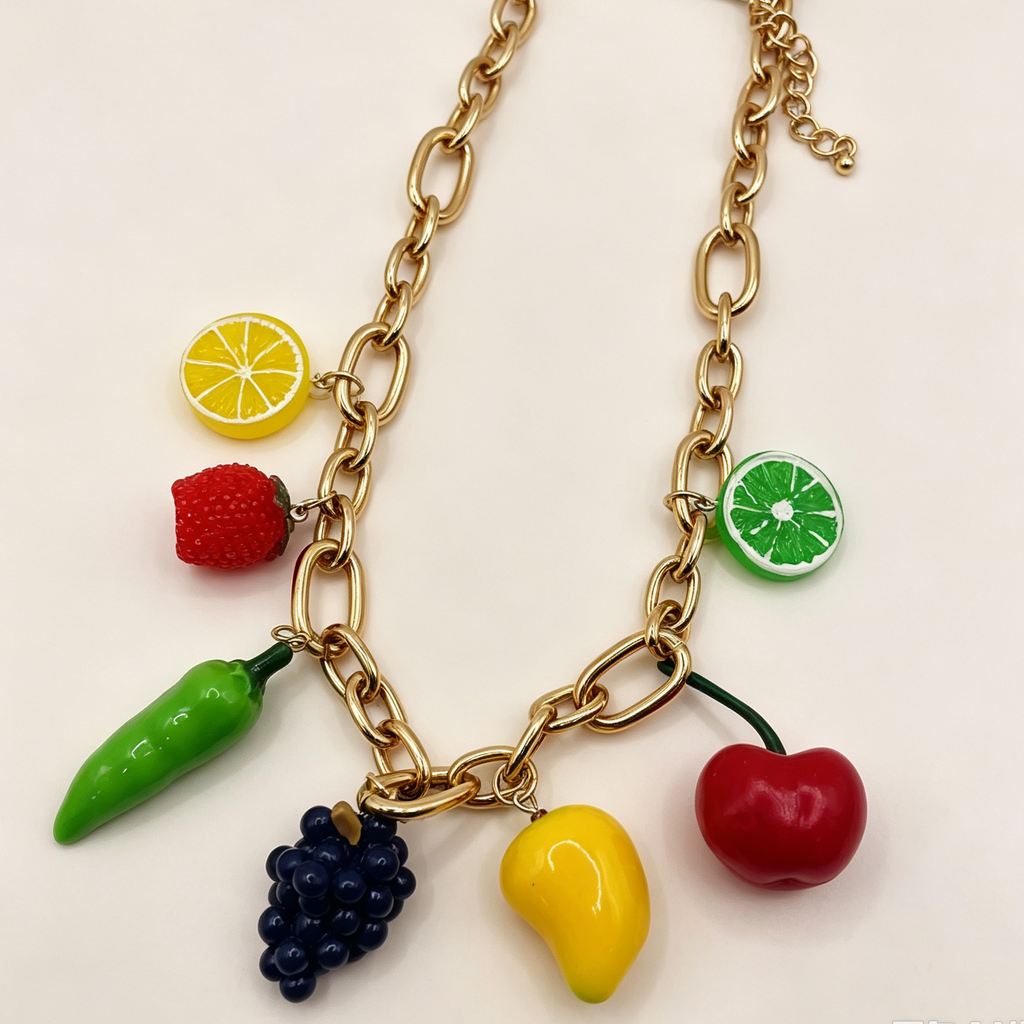 Collar de cadena gruesa con colgantes de frutas surtidas, collar llamativo de moda para mujer, venta al por mayor|JI JOYA