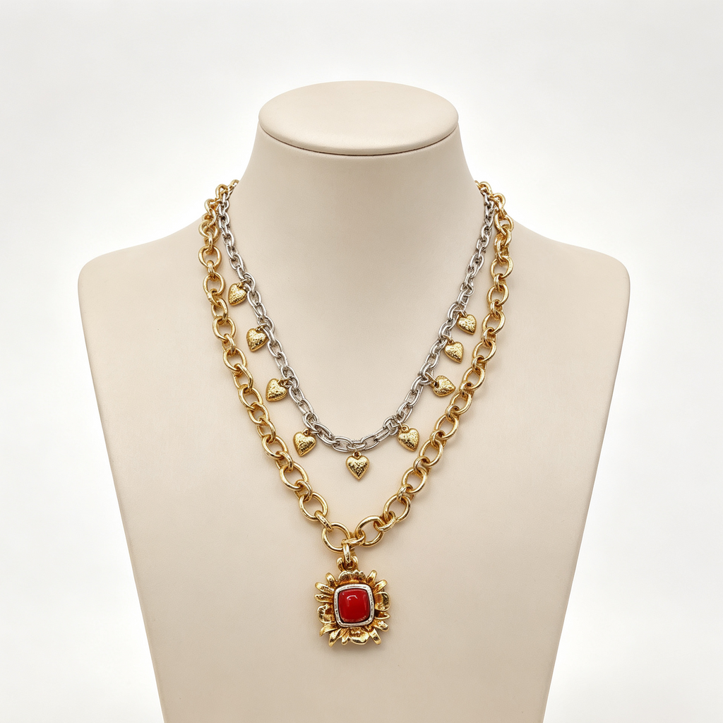Collar Doble Cadena Vintage con Colgante de Piedra Roja, Joyas de Moda al Por Mayor|JI JOYA