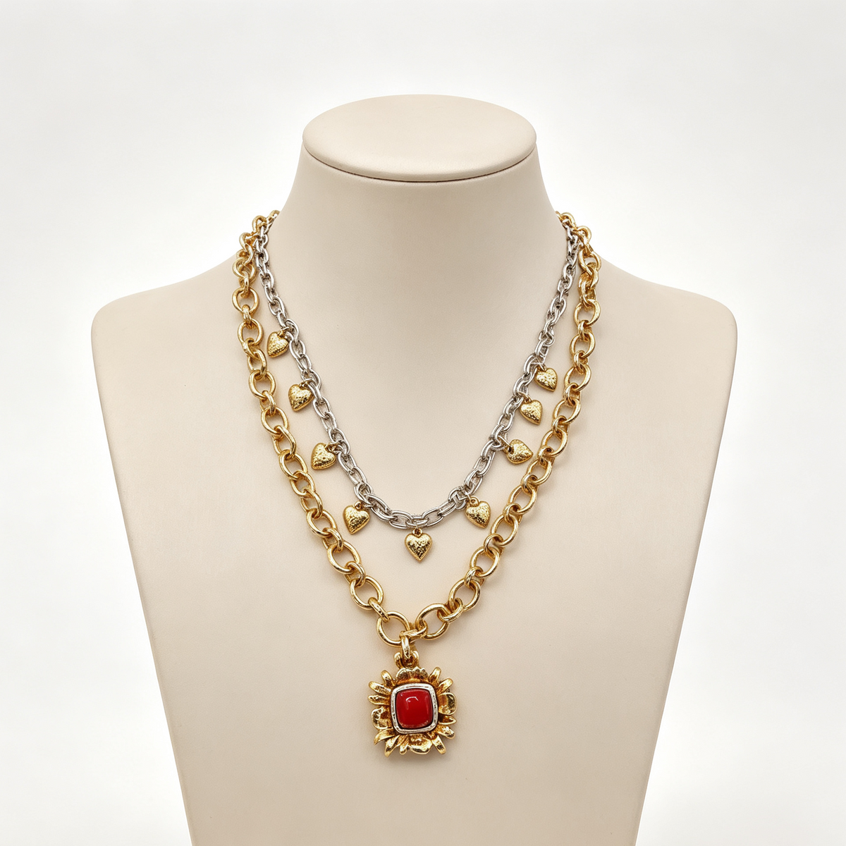 Collar Doble Cadena Vintage con Colgante de Piedra Roja, Joyas de Moda al Por Mayor|JI JOYA
