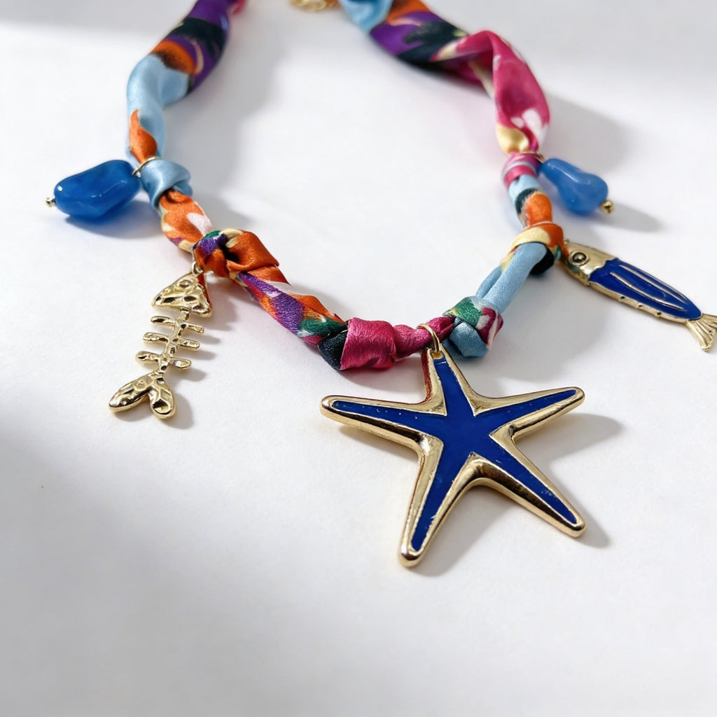 Gargantilla de tela colorida con colgante de estrella de mar | Collar bohemio playero para mujer