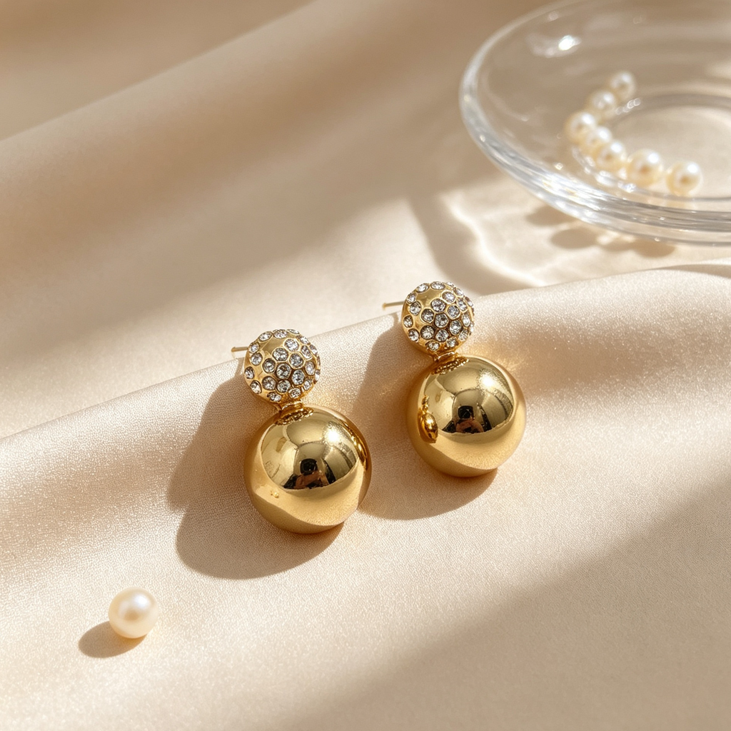Pendientes Bola Doble con Cristales, Oro y Plata, Mayorista Joyería Moda|JI JOYA