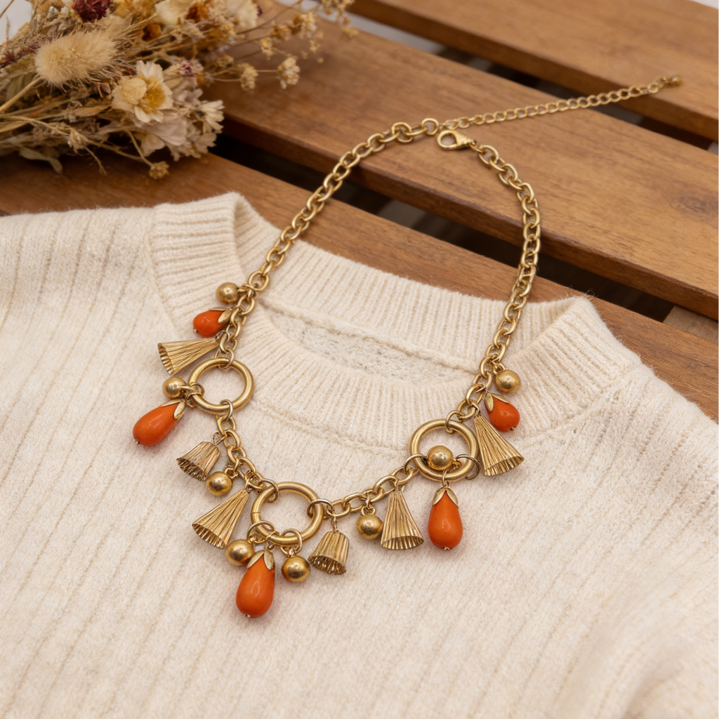 Conjunto de joyería bohemia vintage con borlas, collar y pulsera de piedra naranja chapados en oro para mujer