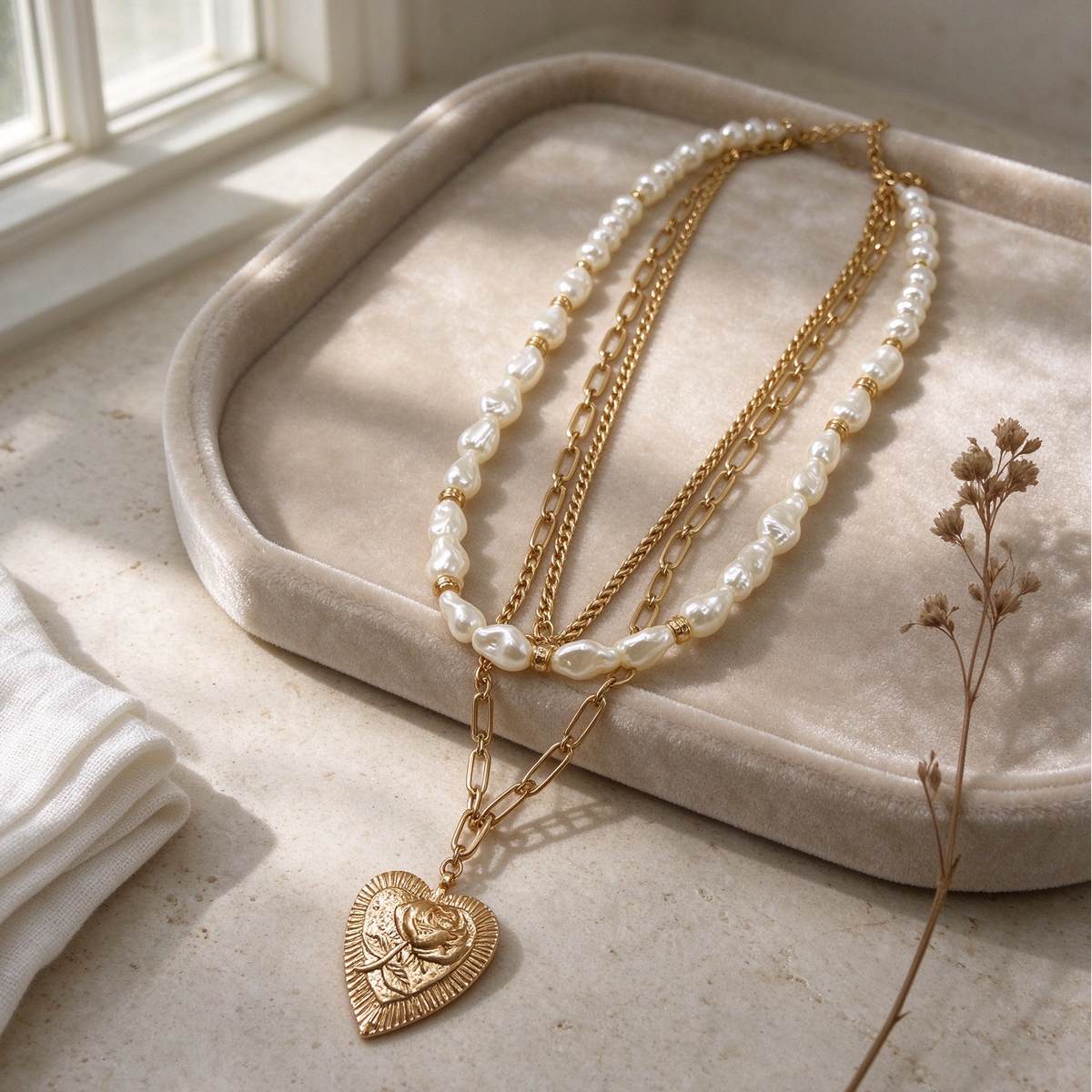 Collar de tres capas con perlas barrocas y dije corazón rosa, joyería vintage al por mayor|JI JOYA
