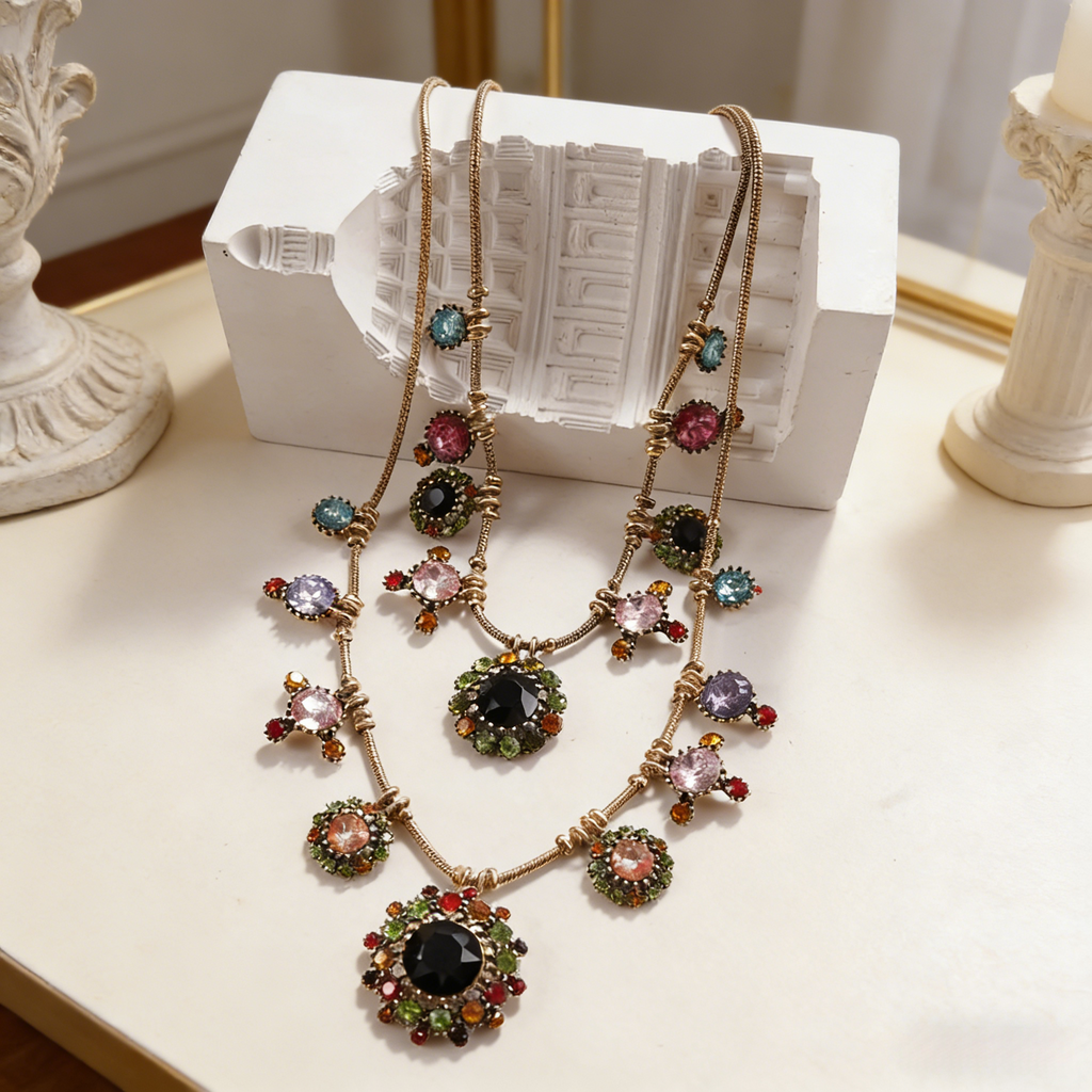 Conjunto vintage de collar y pendientes con piedras preciosas multicapa | Joyería bohemia de lujo para la noche