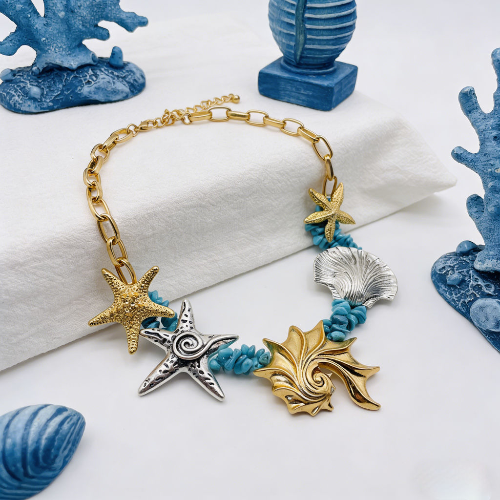 Collar con diseño de estrella de mar y concha Coastal Wanderlust | Gargantilla bicolor inspirada en el océano para playa y vacaciones