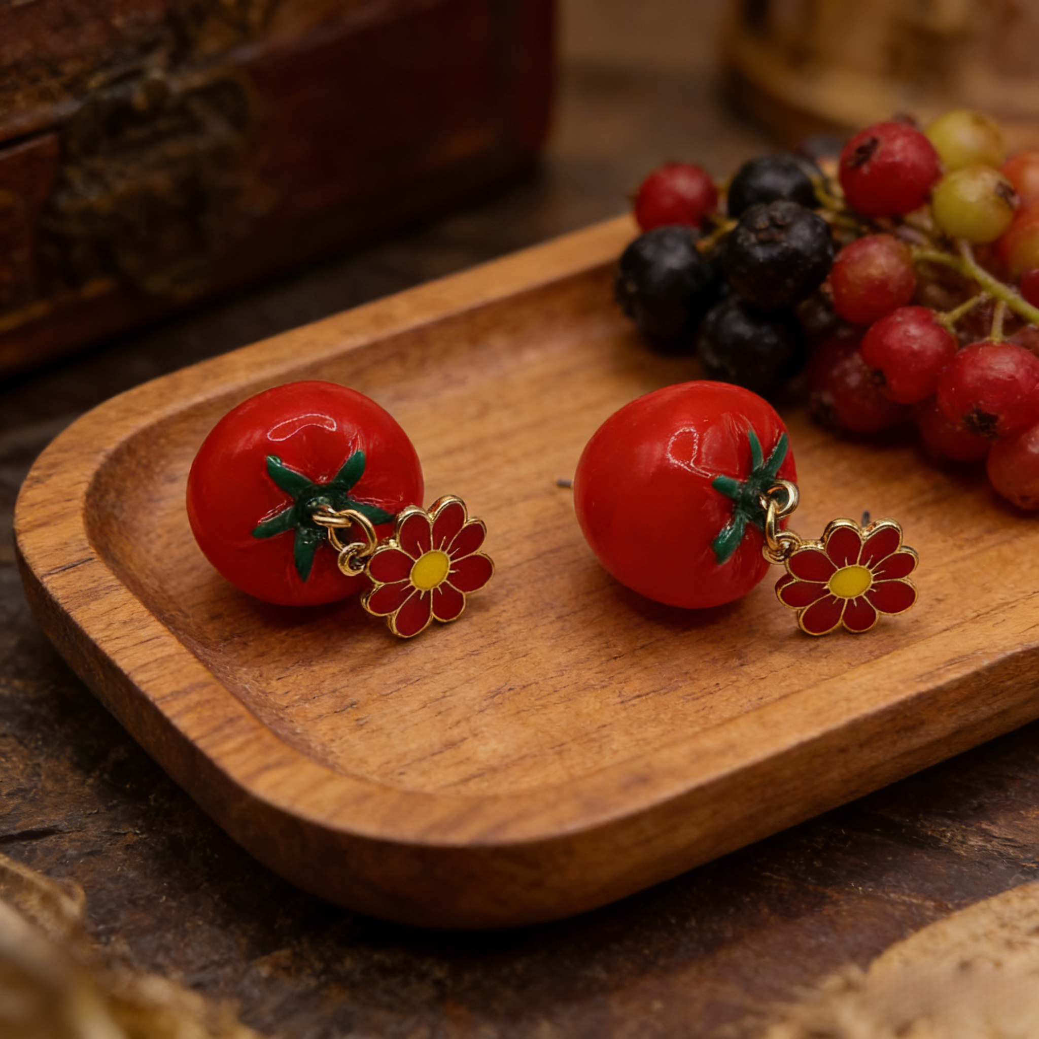 Conjunto de collar y pendientes colgantes con perla de tomate | Joyas originales de frutas de verano