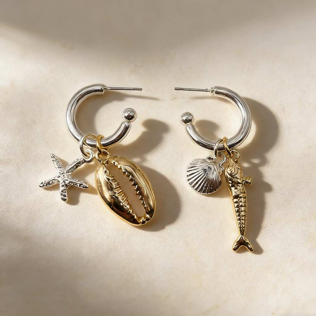 Aros de aro con dijes de mar | Estrella de mar, concha y pez | Joyería de playa de doble tono