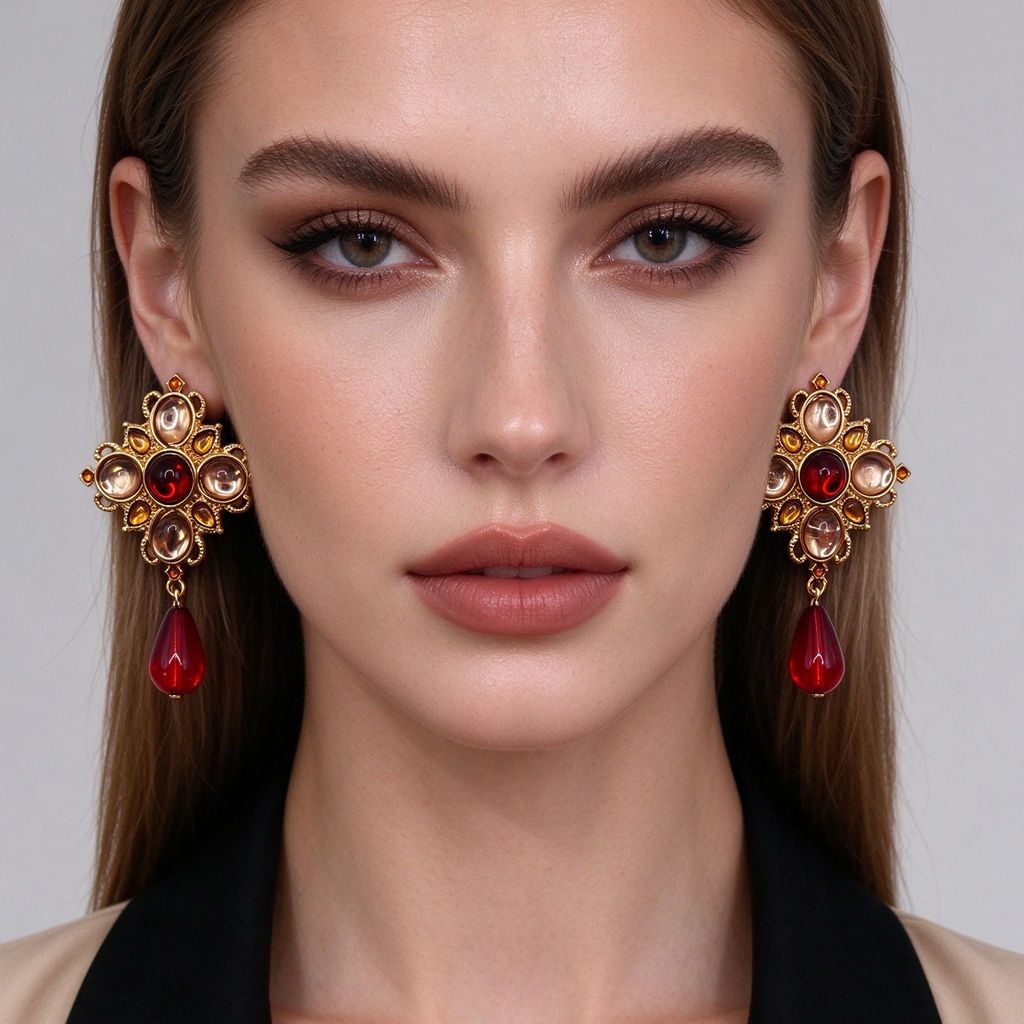 Conjunto Joyería Vintage Medieval, Collar + Pendientes Colgantes con Gota Roja, Bisutería de Lujo para Mujer, Venta al Por Mayor|JI JOYA