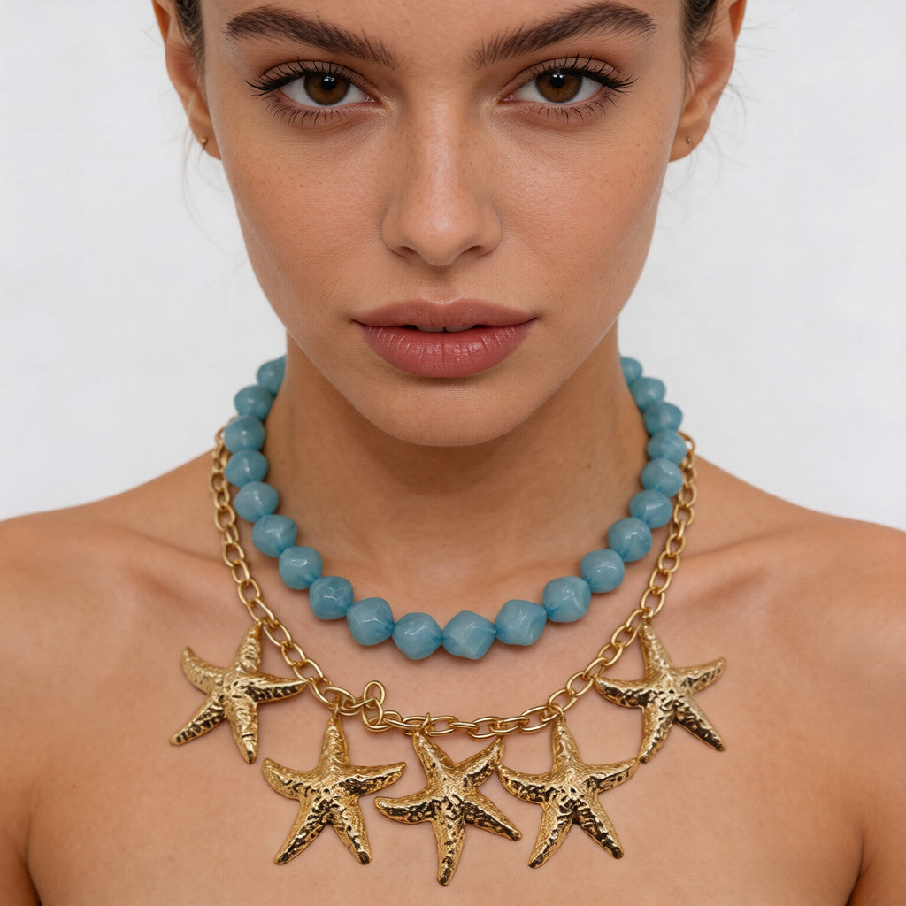 Golden Starfish and Beads Statement Necklace - Summer Coastal Jewelry