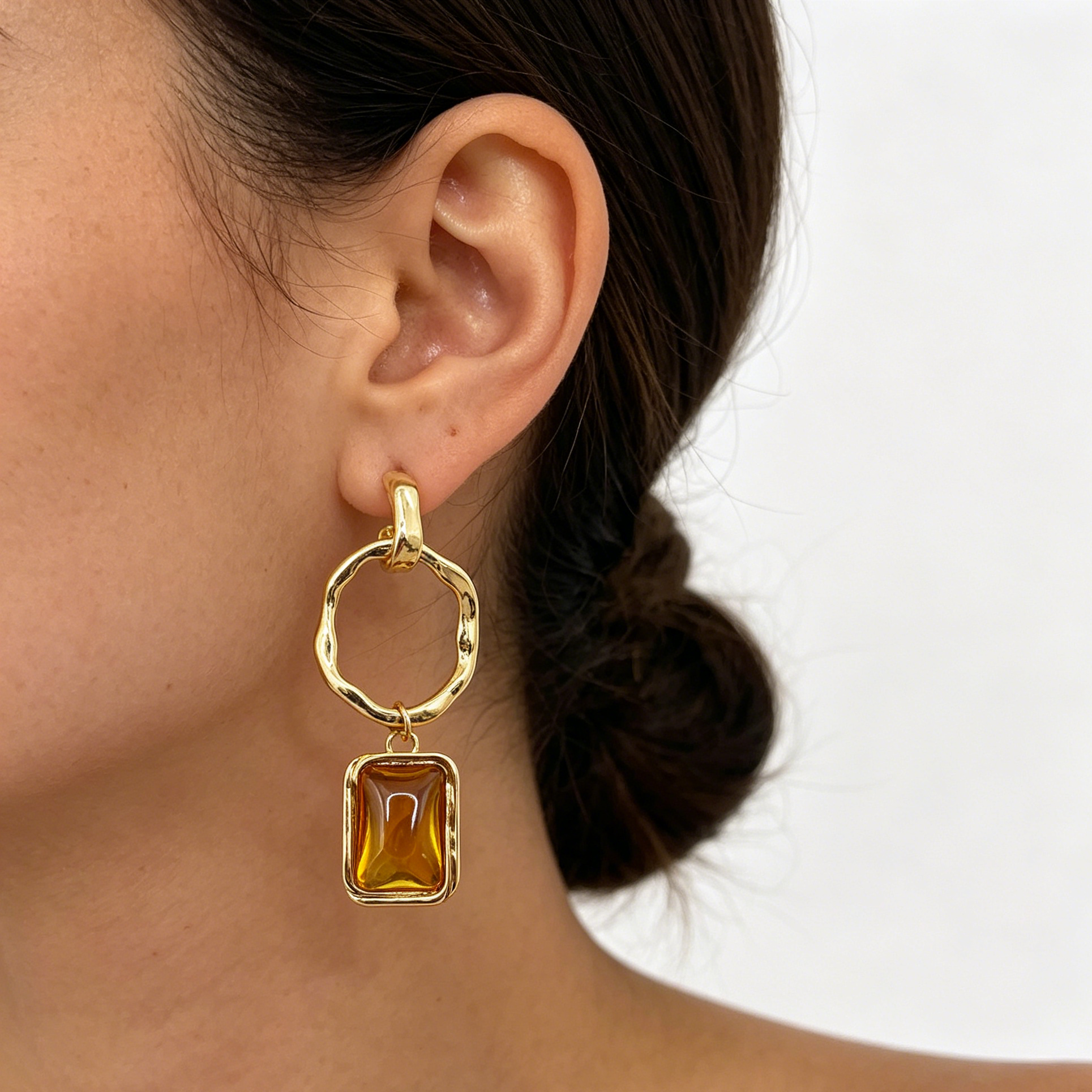 Pendientes Colgantes Aro Irregular con Piedra Rectangular Resina, 3 Colores Oro/Antiguo Plata/Negro, Joyería de Moda al Por Mayor para Mujer|JI JOYA