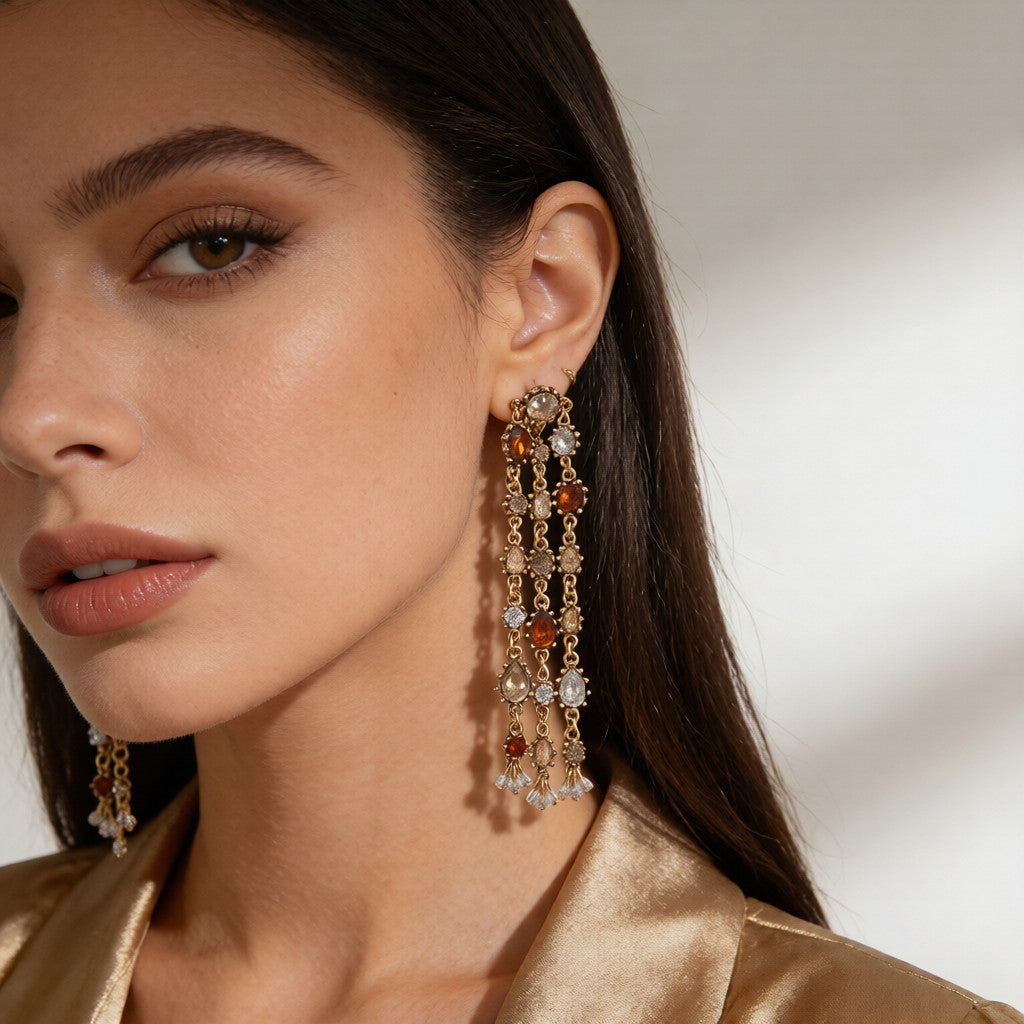 Conjunto de collar y pendientes vintage con piedras preciosas bohemias | Joyas doradas para eventos nocturnos