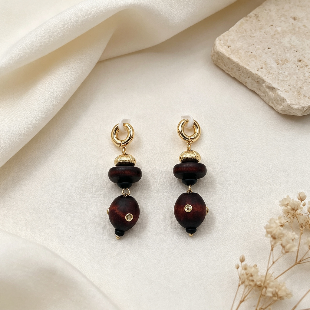 Pendientes largos de madera con acabado dorado | Diseño bohemio vintage para mayoristas|JI JOYA