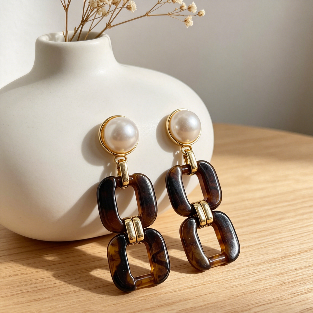 Pendientes Vintage Perla con Eslabón Resina Tortuga al Por Mayor | Joyería Moda Europea|JI JOYA