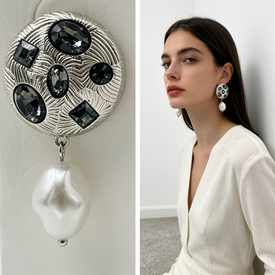 Pendientes de Perla Barroca y Cristales | Venta al Por Mayor | 2 Colores (Oro/Plata) | Diseño Exclusivo|JI JOYA