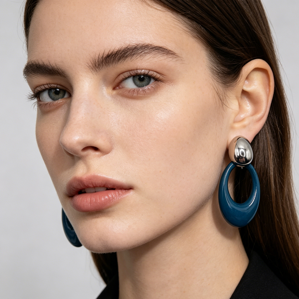 Pendientes Aro Resina Azul Dos Tonos Metal Plata y Oro | Mayorista Accesorios Moda Mujer al Por Mayor|JI JOYA