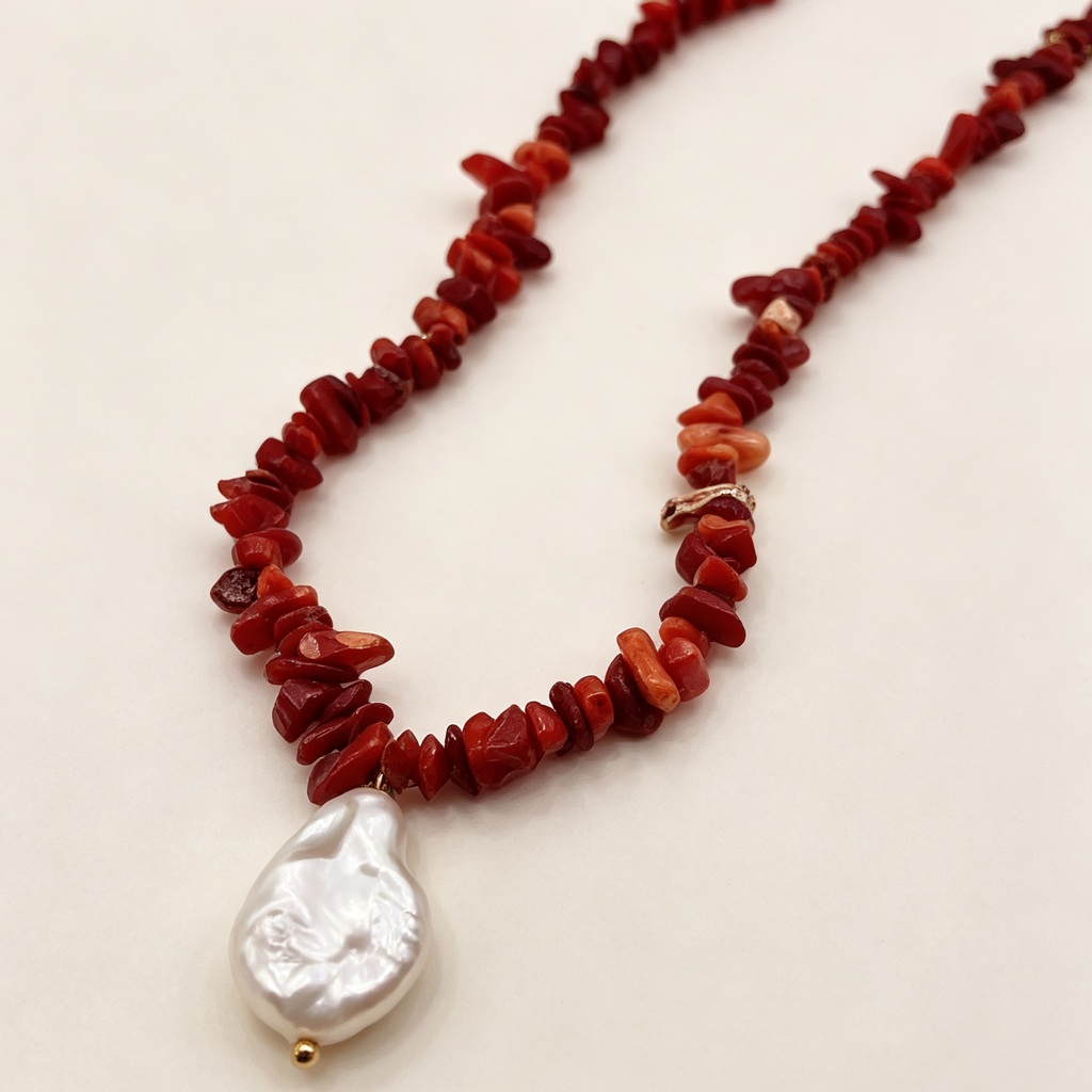 Collar de piedras rojas trituradas con perla barroca, collar artesanal al por mayor para mujer|JI JOYA