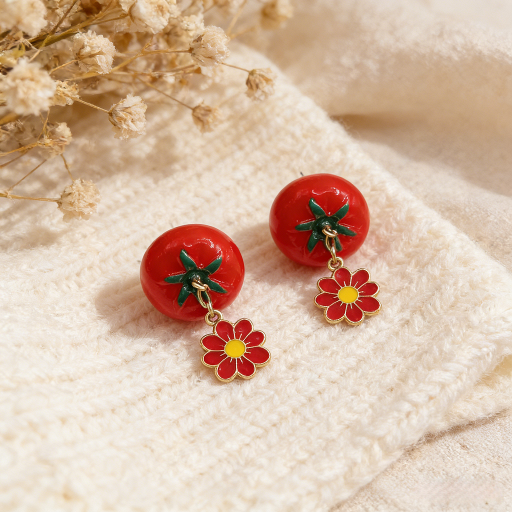Conjunto de collar y pendientes colgantes con perla de tomate | Joyas originales de frutas de verano