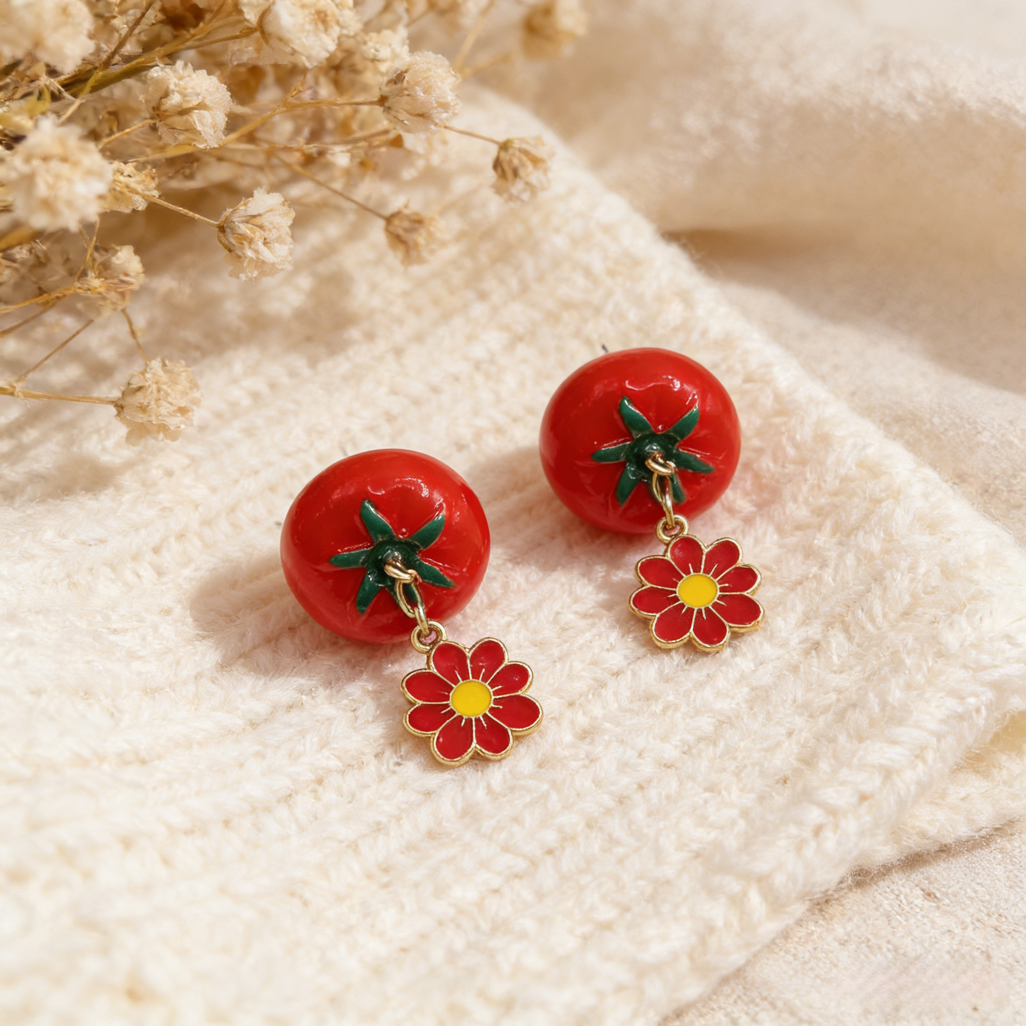Conjunto de collar y pendientes colgantes con perla de tomate | Joyas originales de frutas de verano