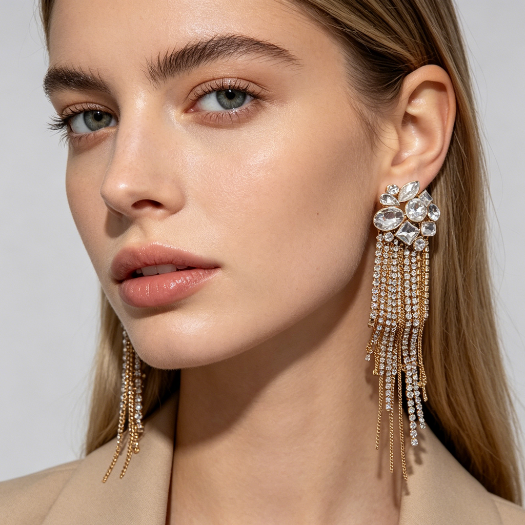 Pendientes Colgantes de Cristal con Flecos Largos | Dorado/Negro | Poste S925 | Joyería de Fiesta al Por Mayor|JI JOYA