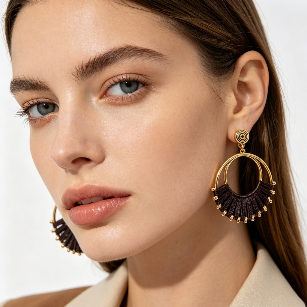 Pendientes Arco Hilo Tejido Aro Doble Dorado | Mayorista Joyería Moda Variedad Colores Rojo Negro Azul Claro|JI JOYA