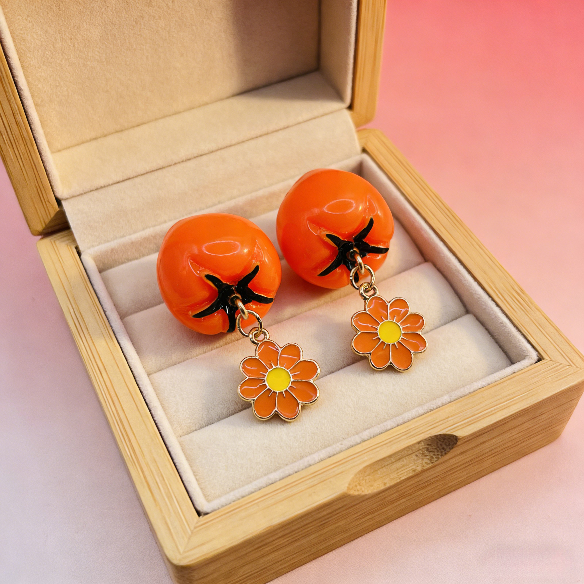 Conjunto de collar y pendientes colgantes con perla de tomate | Joyas originales de frutas de verano