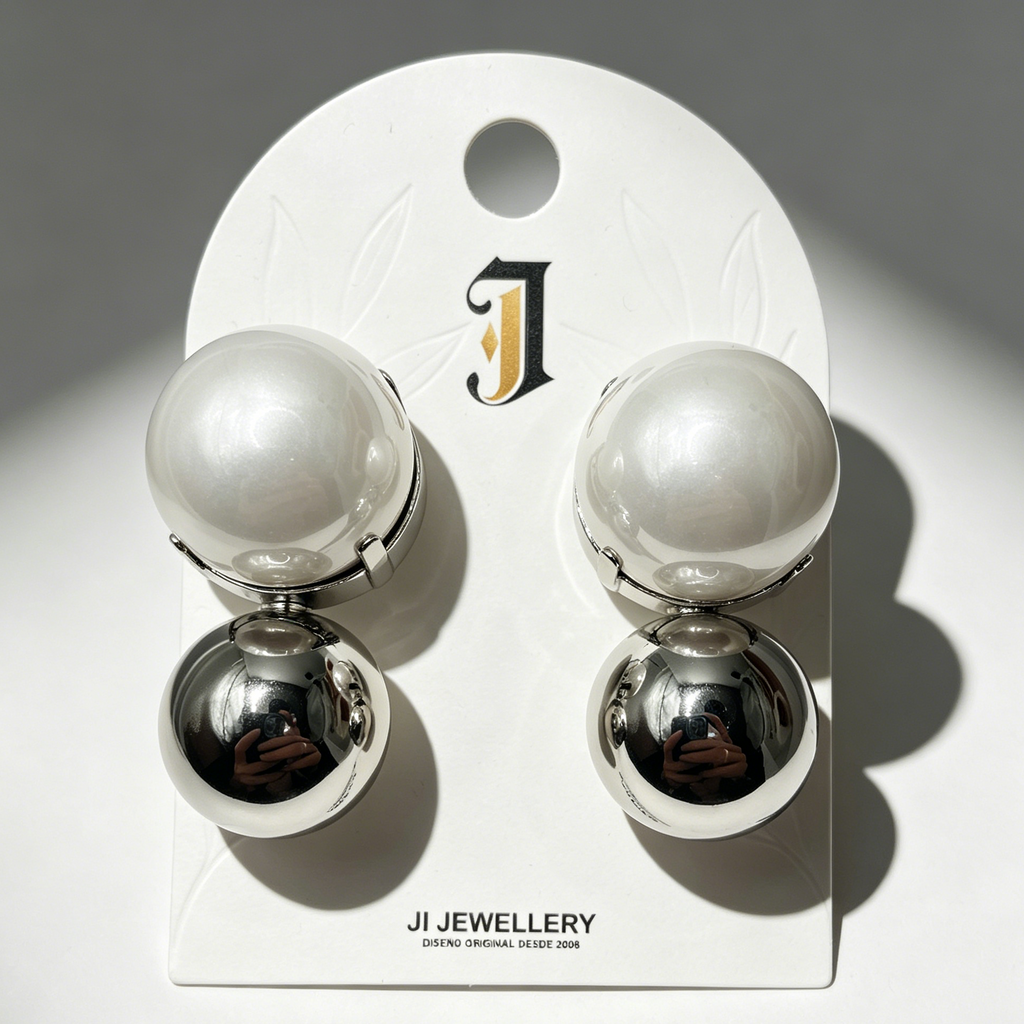 Pendientes de Doble Bola con Perla de Imitación - Dorado y Plateado - Joyería al Por Mayor|JI JOYA