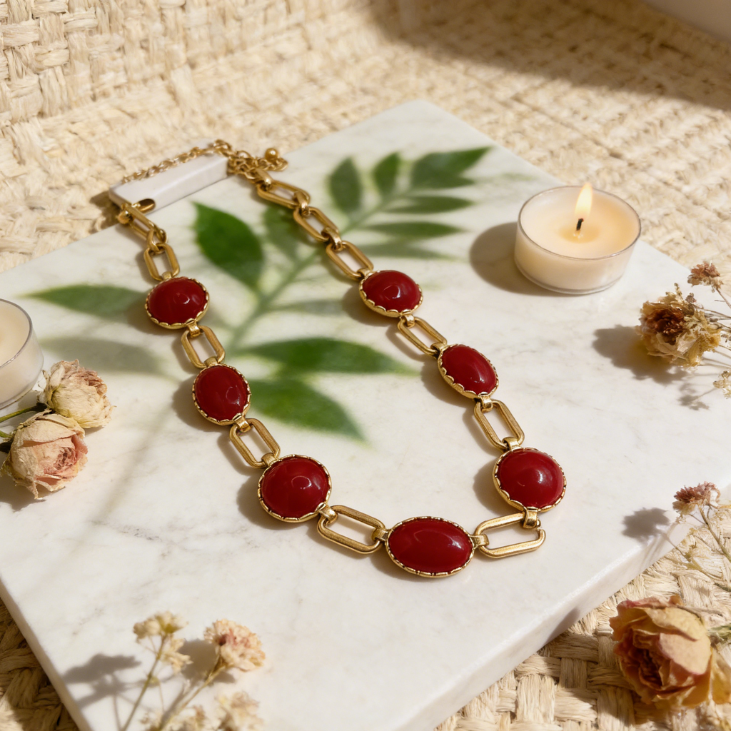 Collar de cadena de oro con piedras rojas de resina | Joyería de fiesta elegante