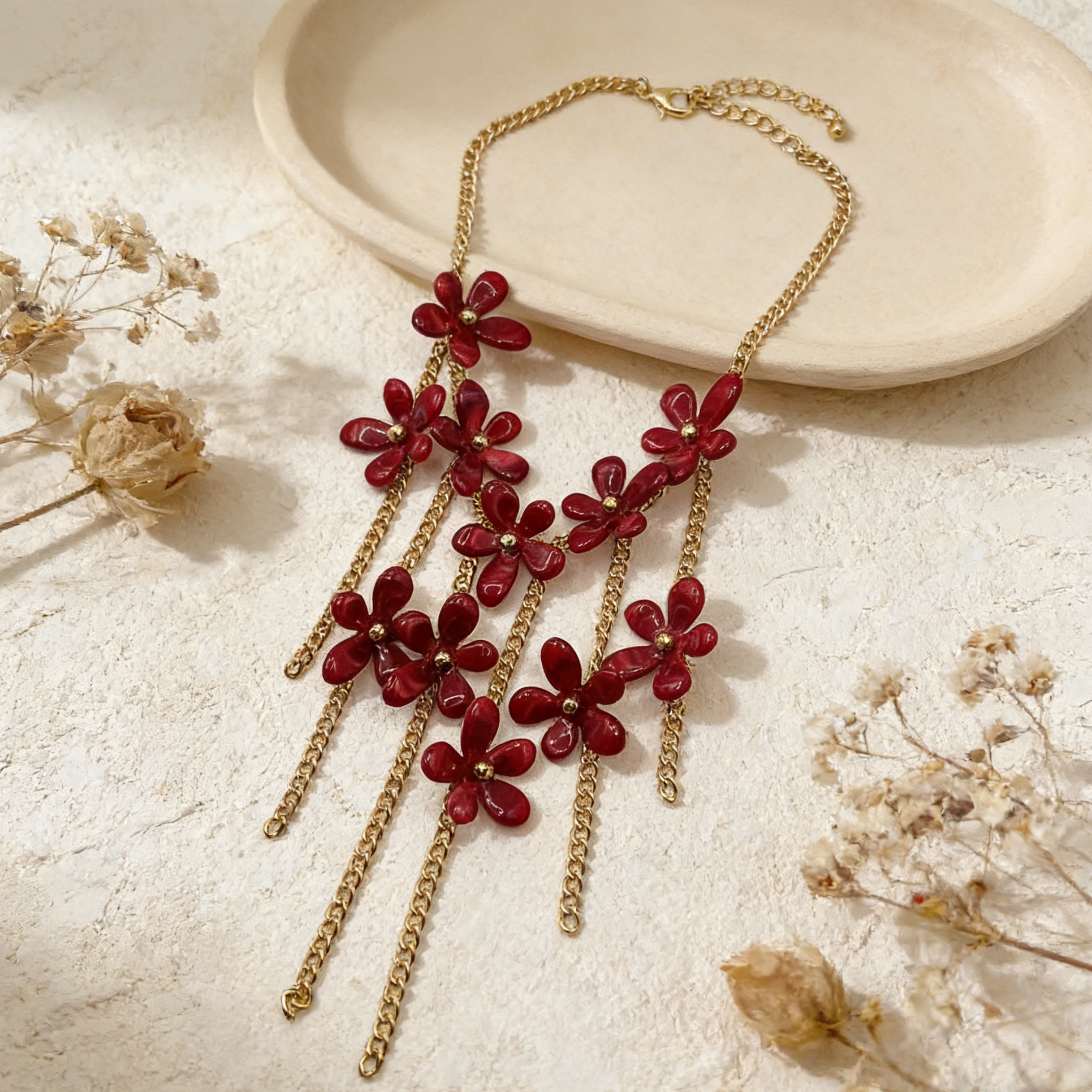 【Amuleto Floral Primaveril】Conjunto de joias com borlas florais retro: colar, brincos e pulseira de design único (conjunto de 3 peças)