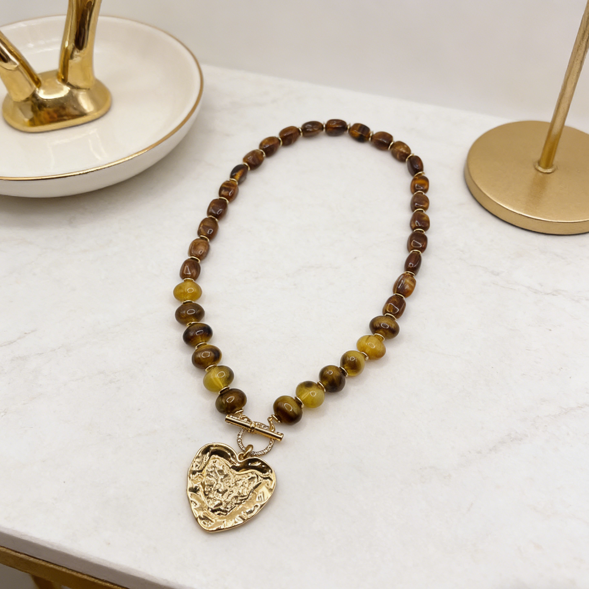 Collar de ojo de tigre con forma de corazón | Cadena de clavícula vintage de lujo con piedra natural