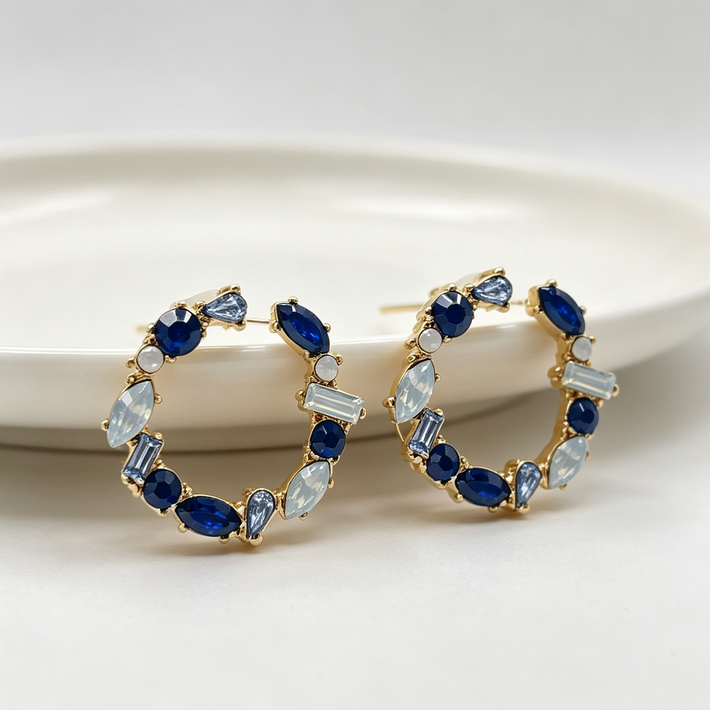 Pendientes Arco C Dorado con Cristal Multicolor, Pendientes Aro Abierto de Piedra Sintética al Por Mayor | Joyería Mayorista JI JOYA