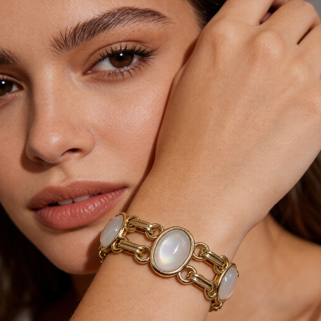 Conjunto de Joias de Corrente de Ouro com Pedras Ovais - Colar e Pulseira