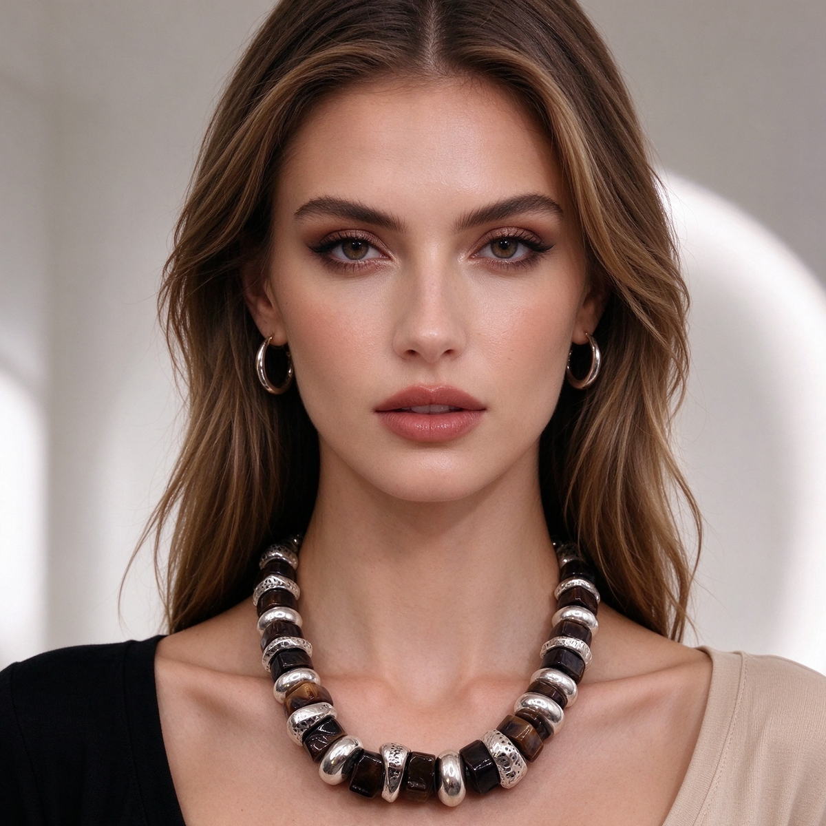 Collar de piedras naturales y piezas de metal plata, diseño boho grueso, accesorio de moda al por mayor|JI JOYA