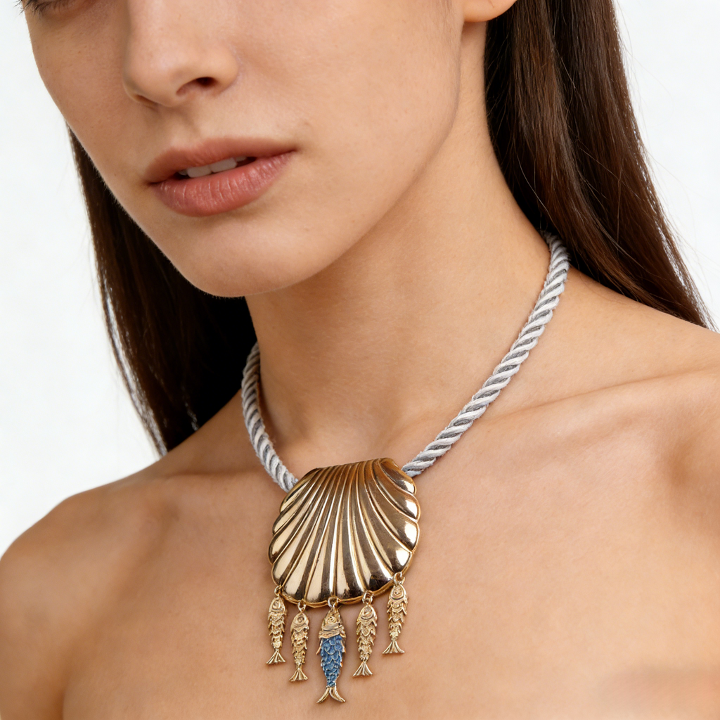 Gargantilla con borlas de conchas y peces con temática oceánica, collar de cuerda tejida, collar de lujo estilo resort.