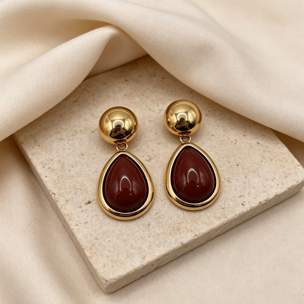 Pendientes gota color caramelo y burdeos, metal dorado elegante, joyería al por mayor para mujer|JI JOYA